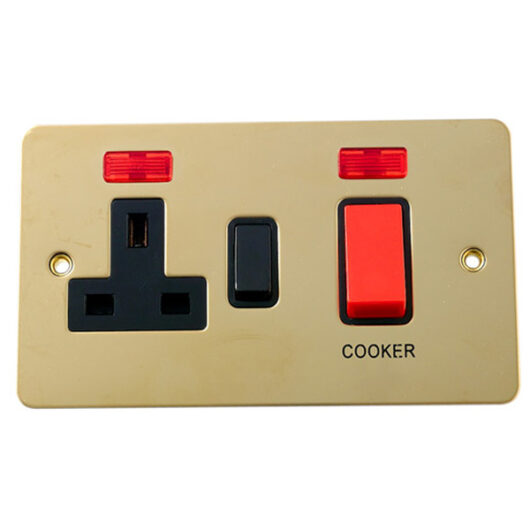 1-Gang Cooker Switch Socket with Neon, 45 Amp Flat Brass/ Black Insert