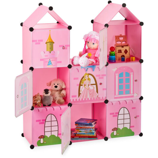 Modular Kids' Shelving Unit, Princess Castle, Plastic, diy Cabinet with Doors, hwd: 128 x 110 x 37 cm, Pink - Relaxdays
