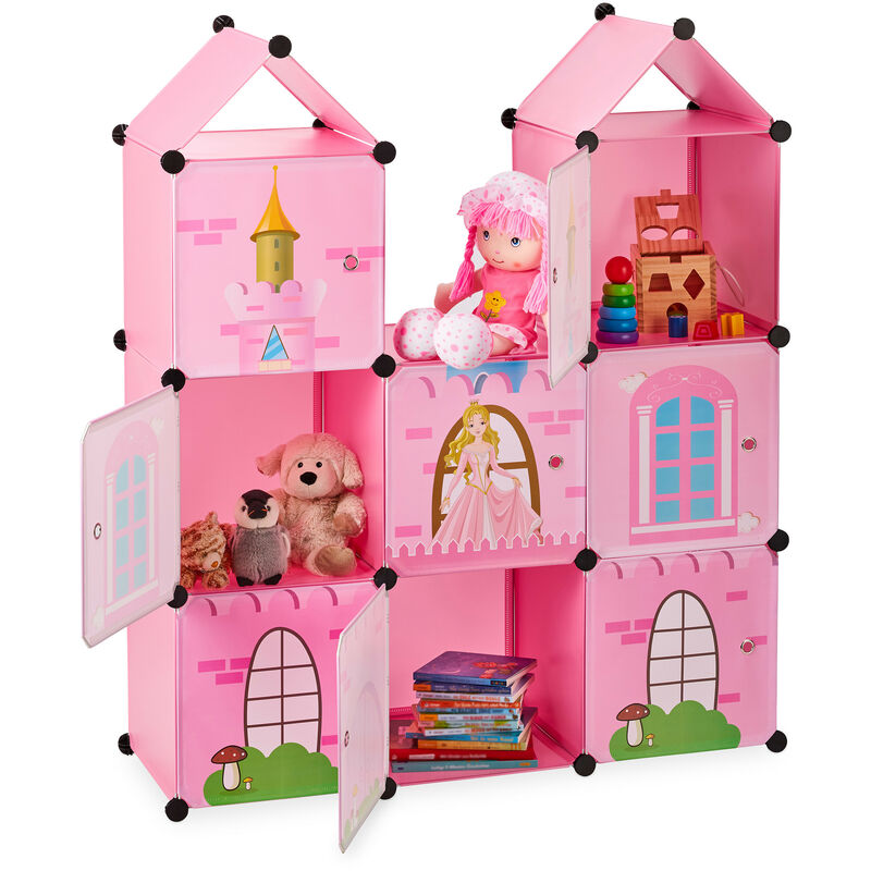Modular Kids' Shelving Unit, Princess Castle, Plastic, diy Cabinet with Doors, hwd: 128 x 110 x 37 cm, Pink - Relaxdays