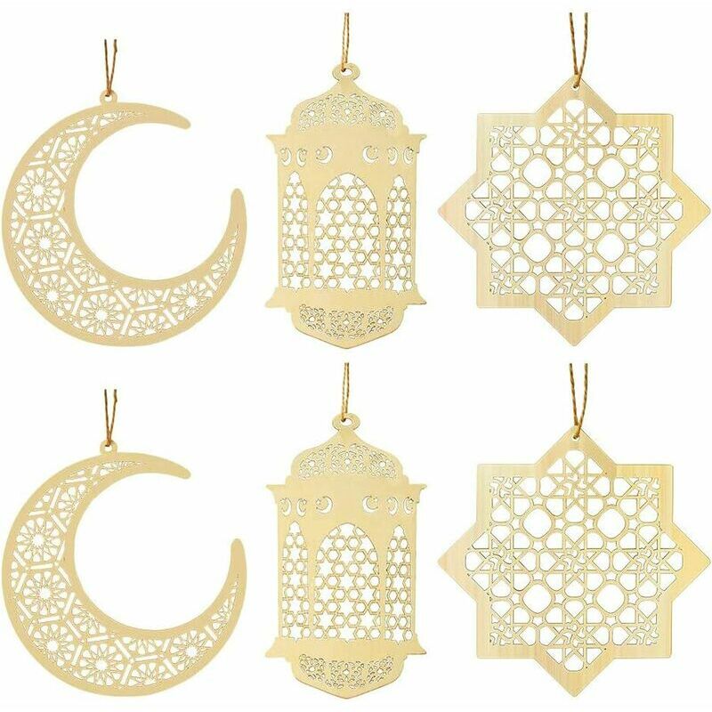 6 Pieces Wooden Eid al-Fitr Ornaments, Eid Ornament DIY Decorations with Pendant Moon Wind Shape Ornament for Muslim Eid Mubarak