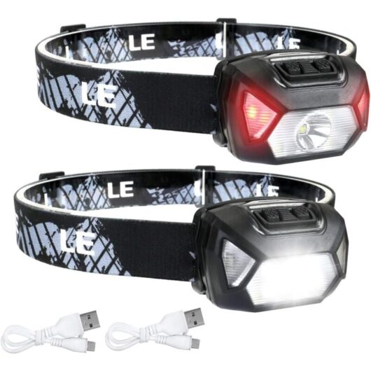 Powerful Rechargeable led Headlamp, D500 usb led Headlamp, 2000 Lux, White and Red Light, 6 Lighting Modes, IPX6, for Cycling, Camping, Hiking, diy