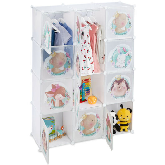 Relaxdays - Plug-in Shelving Unit for Kids, 2 Clothes Rods, Doors with Animals, HxWxD: 145x110x37 cm, diy Wardrobe, White