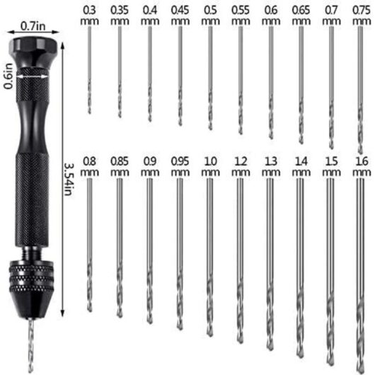 The 21 Piece Pin Clamp Set includes a hand drill, a pin clamp and 20 mini twist drill bits (0.3-1.6mm) for DIY wood, clay and resin jewelry making.