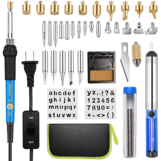 Wood Pyrography Kit,Wood Burning Tool Kit, 54PCS Wood Burning Kit 60W Adjustable Temperature for Pyrography Soldering diy and Crafts on Wood Leather