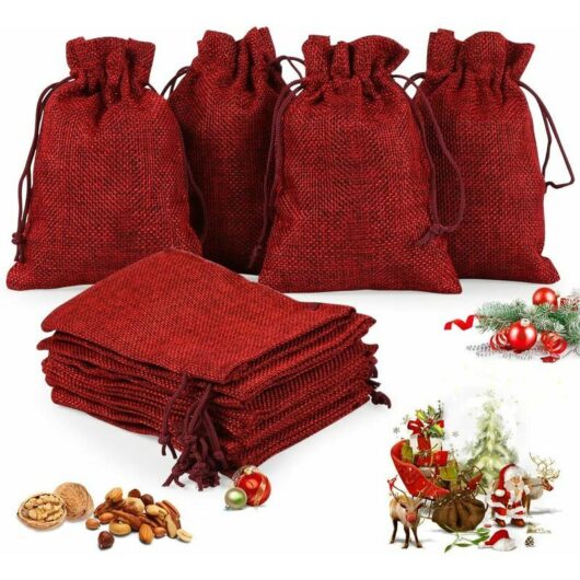 Christmas Burlap Bag, 24 pcs diy Jute Bags for Advent Calendar to Fill, Natural Pouches, Advent Calendar Drawstring Bags, 13cm x 18cm (Red)