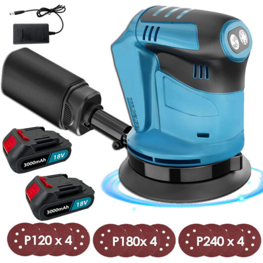 Teetok - 5' Cordless Random Orbital Sander 18V Li-ion Dust Bag Discs Polishing Machine,4 120mm/4180mm/4240mm Discs,with Dust Bag+2x 3000mAH