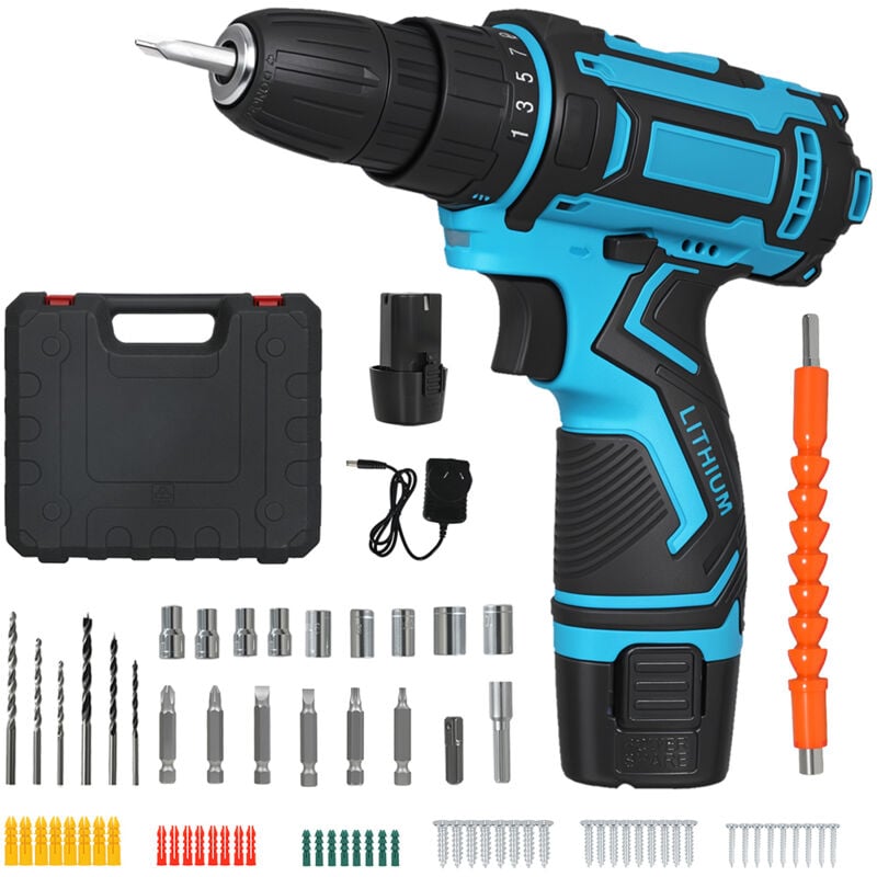 Traderight 12V Cordless Drill Driver Kit LED 2.0Ah Battery 74Pcs DIY Tool Case