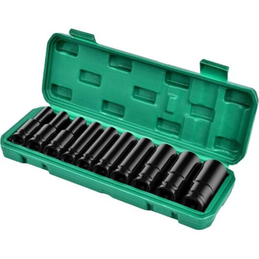 10-piece 1/2" impact deep socket set (10-24 mm) made of reliable and durable Cr-Mo steel for professional DIY repair tasks, with carrying case