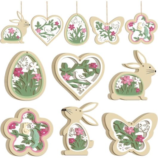 24-Piece Easter Hanging Wooden Decorations - Bunny Egg Butterfly Spring Decoration DIY Easter Tree Green