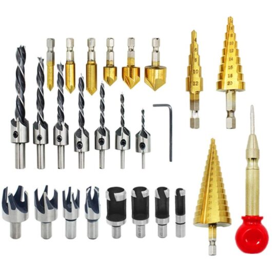 26Pcs Countersink Drill Bit Set, Woodworking Drilling Tools, Including 8Pcs Wood Plug Cutters, Three-Pointed Tip Drill Bit with l Wrench, 6Pcs