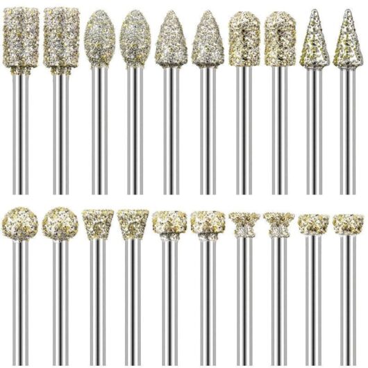 Diamond burrs, set of 20, 3.2 mm (1/8") shank, compatible with Dremel for carving, DIY, grinding, polishing and engraving.