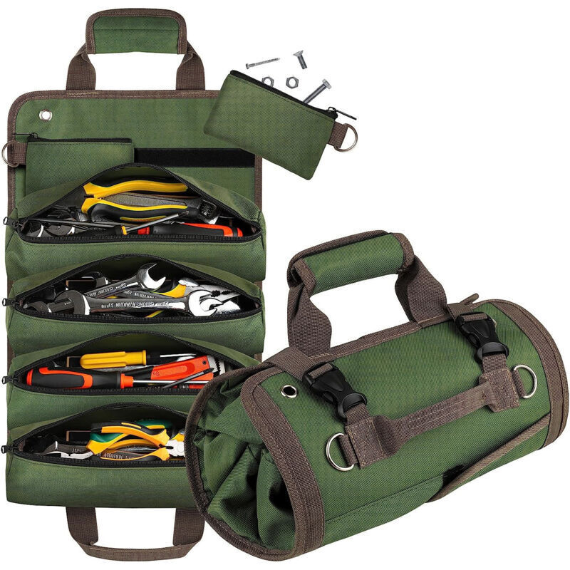 (Green) Waterproof Tool Bag Roll-Up Tool Pouch Oxford Portable Tool Holder Storage for DIY Garage Car Motorcycle