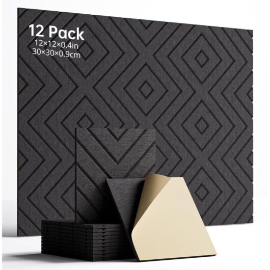 Set of 12 Adhesive Acoustic Panels 30×30 cm - Sound-Absorbing Foam for Walls, Doors and Ceilings, Suitable for Office and Home, Black
