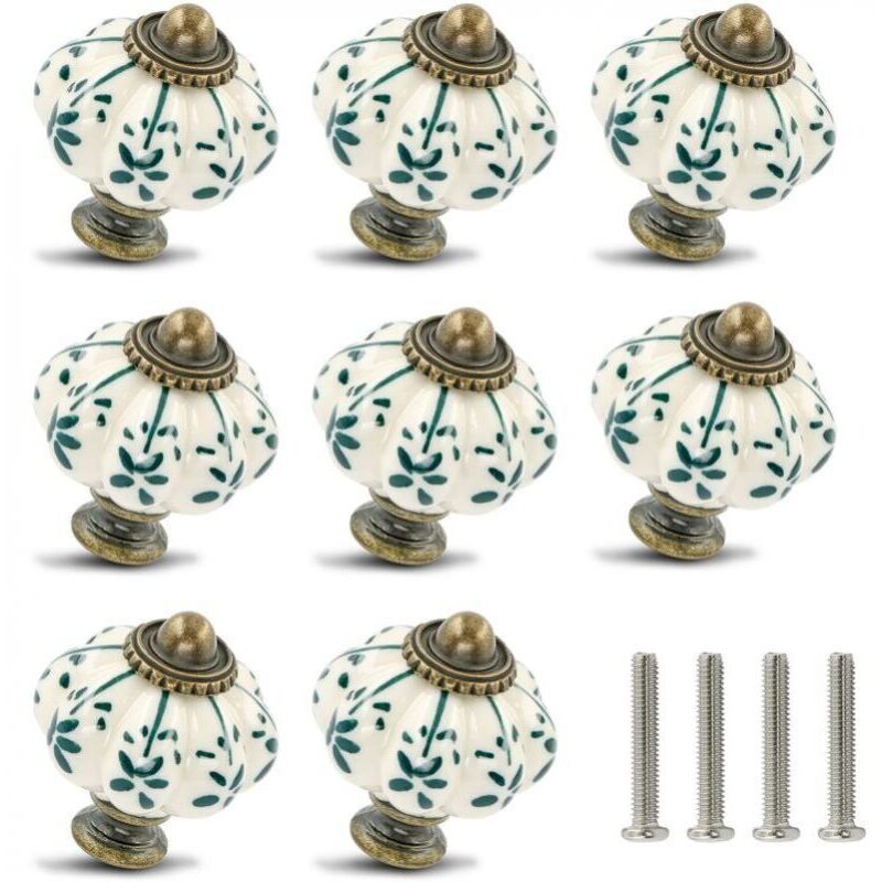 Set of 12 Ivory and Green Ceramic Knobs - Pumpkin Cabinet Knobs, Retro Dresser Knobs - Vintage Drawer Pulls with Screws for Cabinet, Drawer, Wardrobe