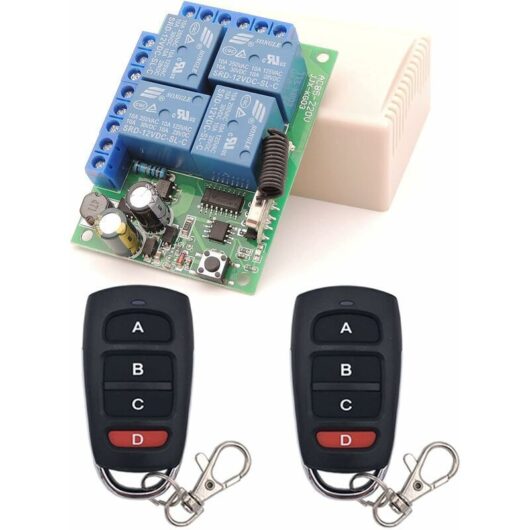 Universal Remote Control Switch, ac 230V/220V 10A 4CH 433Mhz rf Relay Receiver with 2 Transmitters for Motor, Garage Door, Light, Electric Curtain,