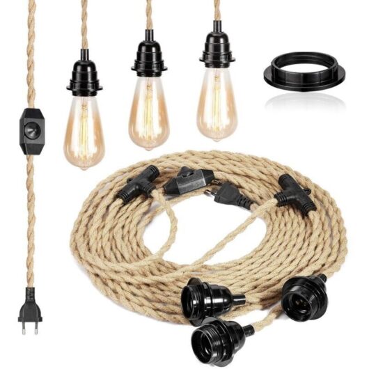Vintage E27 Socket with Switch and Plug, 68m Hemp Cable for DIY Pendant Lights, Chandeliers, Ceiling Lights, and Retro Floor Lamps