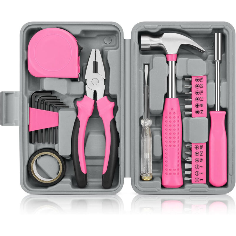 24-piece multifunction hand tool kit - DIY repair hand tools - Home, office, and garage - Case with storage box, Pink