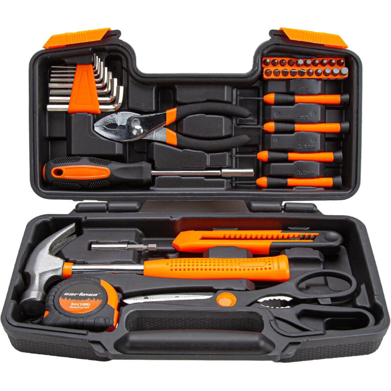 39-Piece Hand Tool Kit - Multifunction Maintenance Case - Plastic Box Included - Tools for DIY and Repairs, Orange