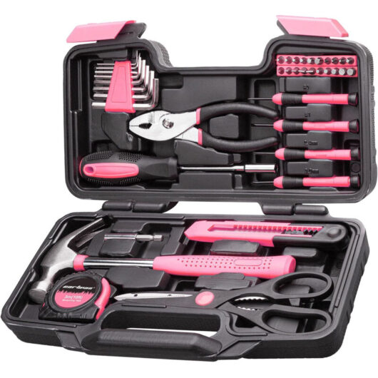 39-Piece Hand Tool Kit - Multifunction Maintenance Case - Plastic Box Included - Tools for DIY and Repairs, Pink