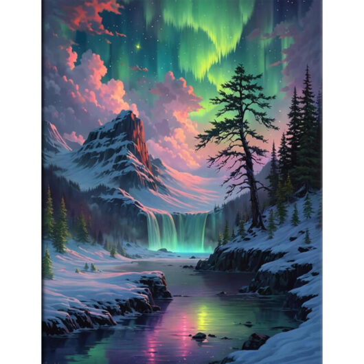 5D Kit de Peinture à Diamants Lac Montagne Neige Aurore pour Débutants, Paysage Fantastique DIY Peinture en Art de Gemmes Points Diamants Complète