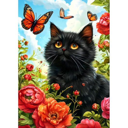 Chat Noir Peinture Diamant Kit for Adults Beginners, 5D Fleurs Rouges Diamond Art Kit, DIY Forets Ronds Complets Papillon Art with Painting Kit
