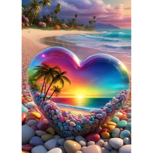 DIY Crystal Love Heart Stone Peinture Diamant Kit, Plage Paysage Diamond Art Kits Adults, 5D Full Drill Diamond Dots Paintings, Diamond Art Artisanats