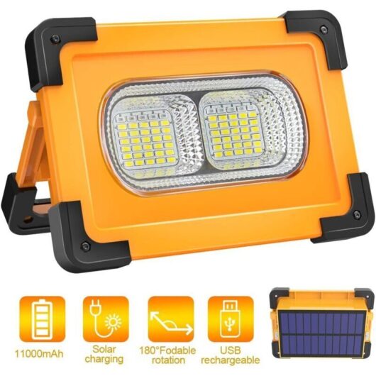 Rechargeable LED Floodlight, 80W 4000 Lumens Portable Work Light with Solar Panel, 4 Modes, Super Bright, 11000mAh Battery for Camping and DIY