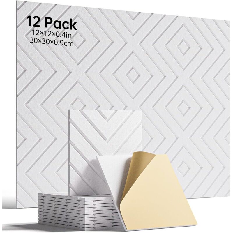 Set of 12 Adhesive Acoustic Panels 30×30 cm - Sound-Absorbing Foam for Walls, Doors and Ceilings, Suitable for Office and Home, White
