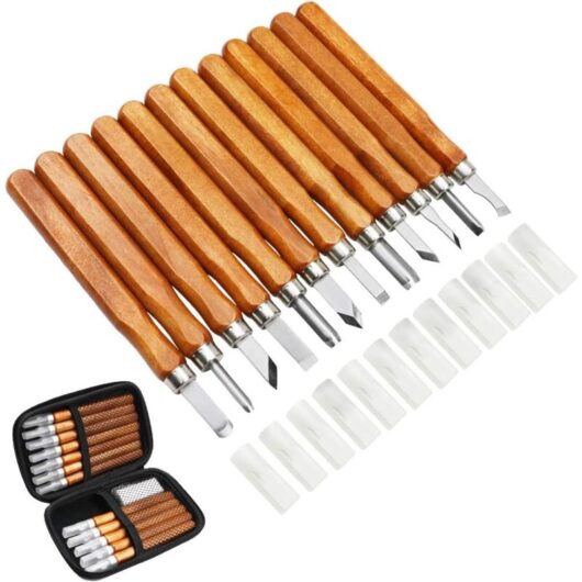 12Pcs Wood Carving Tool Kit - Professional Woodworking Wood Chisels on Handle with Protective Covers for diy Carving Carpenter Experts and Beginners