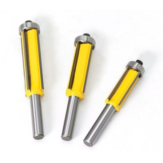 3Pcs Drill Chuck Router Bit, 4 Flute Shank Copy Cutter with Top Bearing Straight Flush Trim Router Bit Carbide Woodworking DIY Milling Cutter (Yellow)
