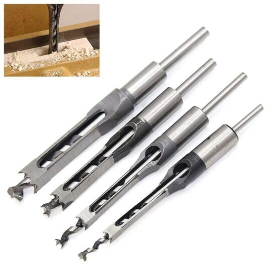 4-Piece Square Hole Drill Bits - Mortising & Wood Chisels for DIY Carpentry Projects