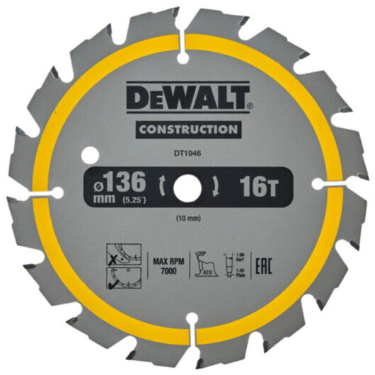DT1946 Construction Circular Saw Blade 136mm x 10mm x 16T - Dewalt