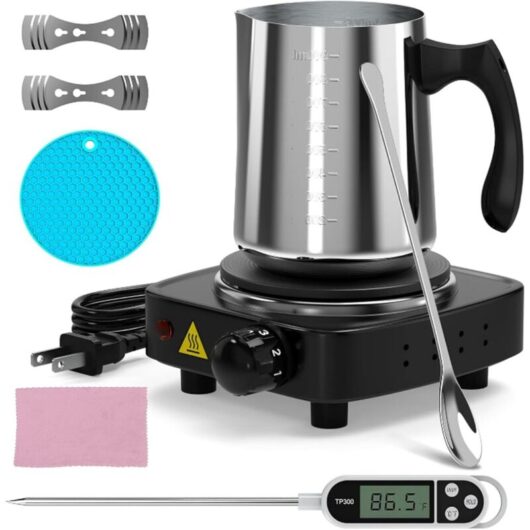 LIROPAU DIY candle making kit with electronic heating plate, wax melter, pouring pot, wax melting pot with thermometer, mixing spoon and wick holder.