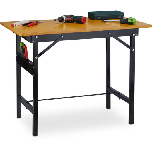 Relaxdays - Workbench, Foldable, Up to 100 kg, Integrated Ruler and Protractor, h x w x d: 76 x 100 x 60 cm, Natural/Black