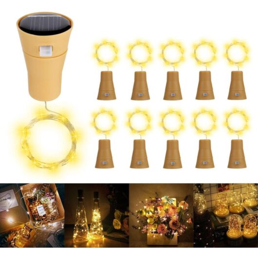 Solar led Bottle Cap String Lights, 1m 10 LEDs Copper Wire Decorative Light for diy Bottle/Bar/Bedroom/Wedding/Christmas/Party - Warm White Pack of 10