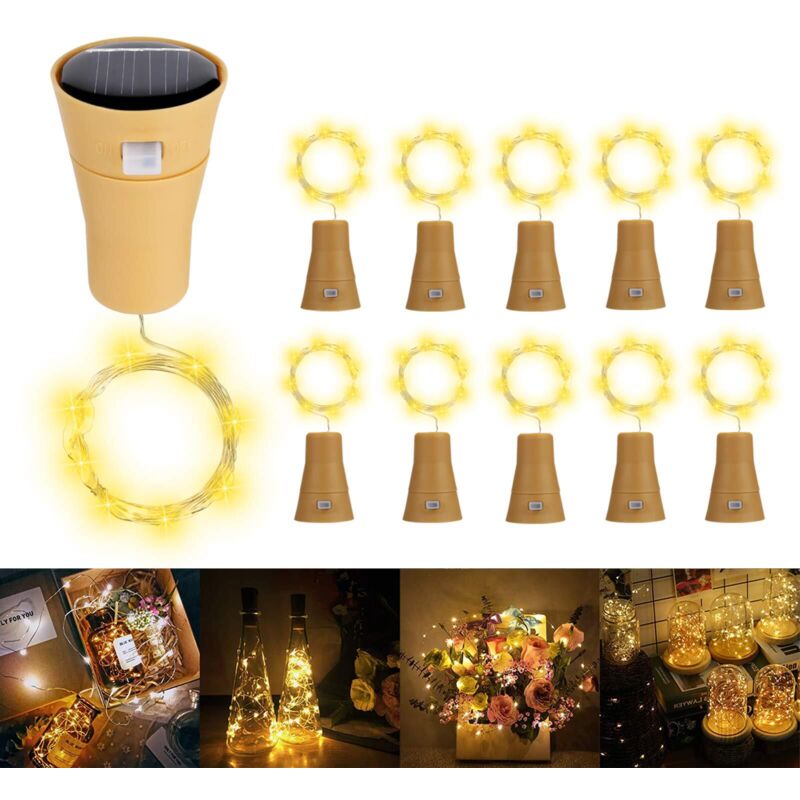 Solar led Bottle Cap String Lights, 1m 10 LEDs Copper Wire Decorative Light for diy Bottle/Bar/Bedroom/Wedding/Christmas/Party - Warm White Pack of 10